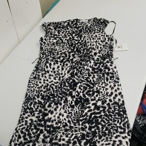 Calvin Klein Black and White Sheath Dress with Cowl Neck